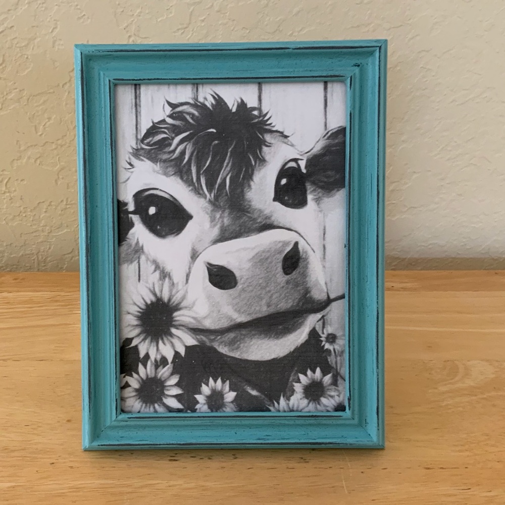 Farmhouse Cow and Sunflowers picture 5x7 w/frame